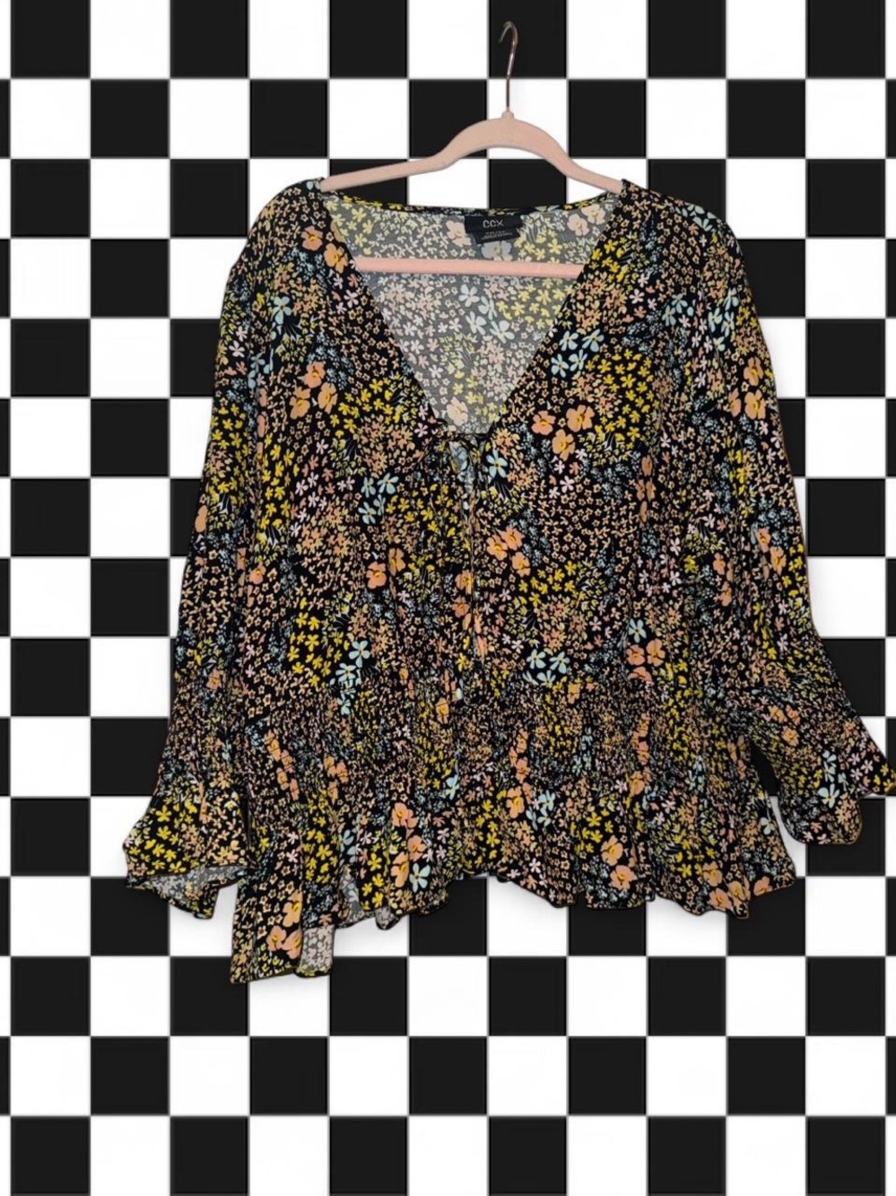 City Chic Black Floral Tie-Front Peplum Blouse